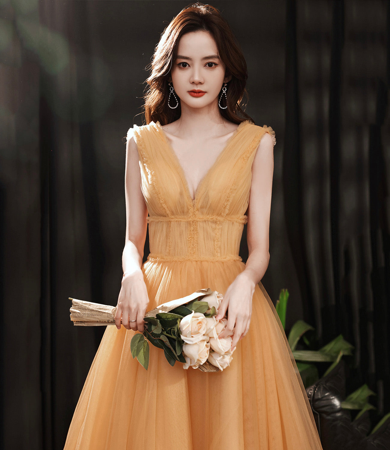 Yellow tulle short A line prom dress yellow evening dress  8933