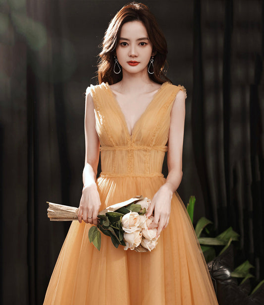 Yellow tulle short A line prom dress yellow evening dress  8933