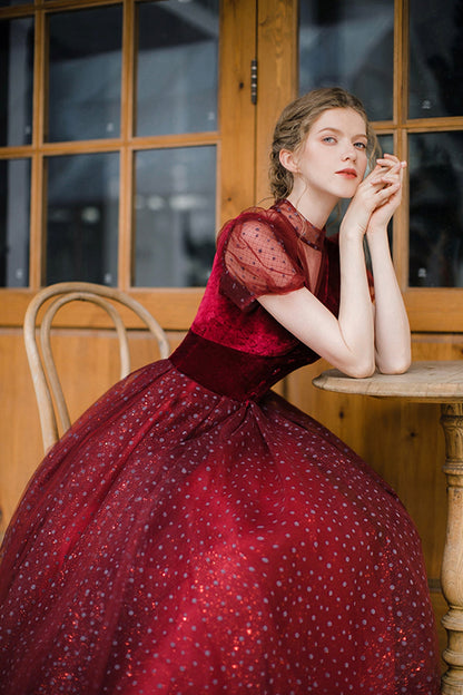 Burgundy tulle short prom dress A line evening dress  8647