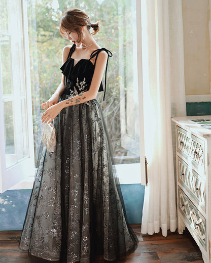 Black tulle sequins long prom dress black evening dress  8901