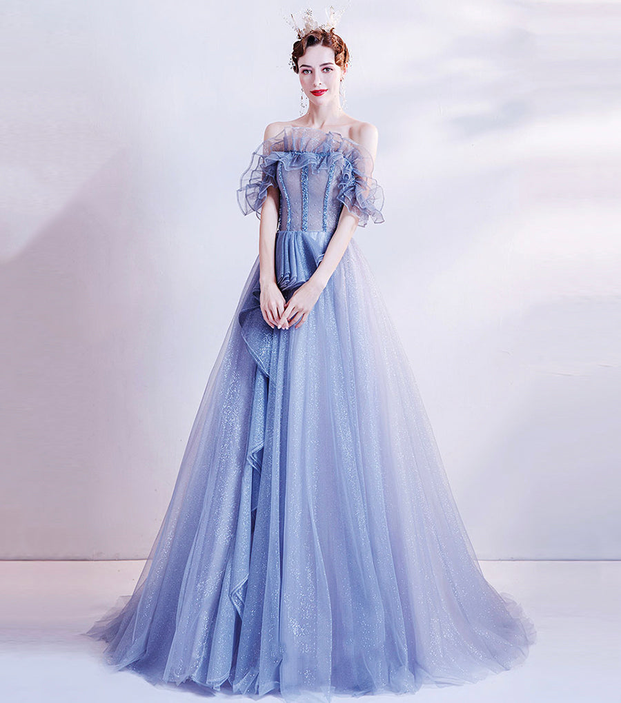 Blue tulle sequins long ball gown dress formal dress  8543