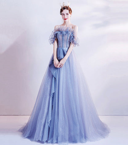 Blue tulle sequins long ball gown dress formal dress  8543