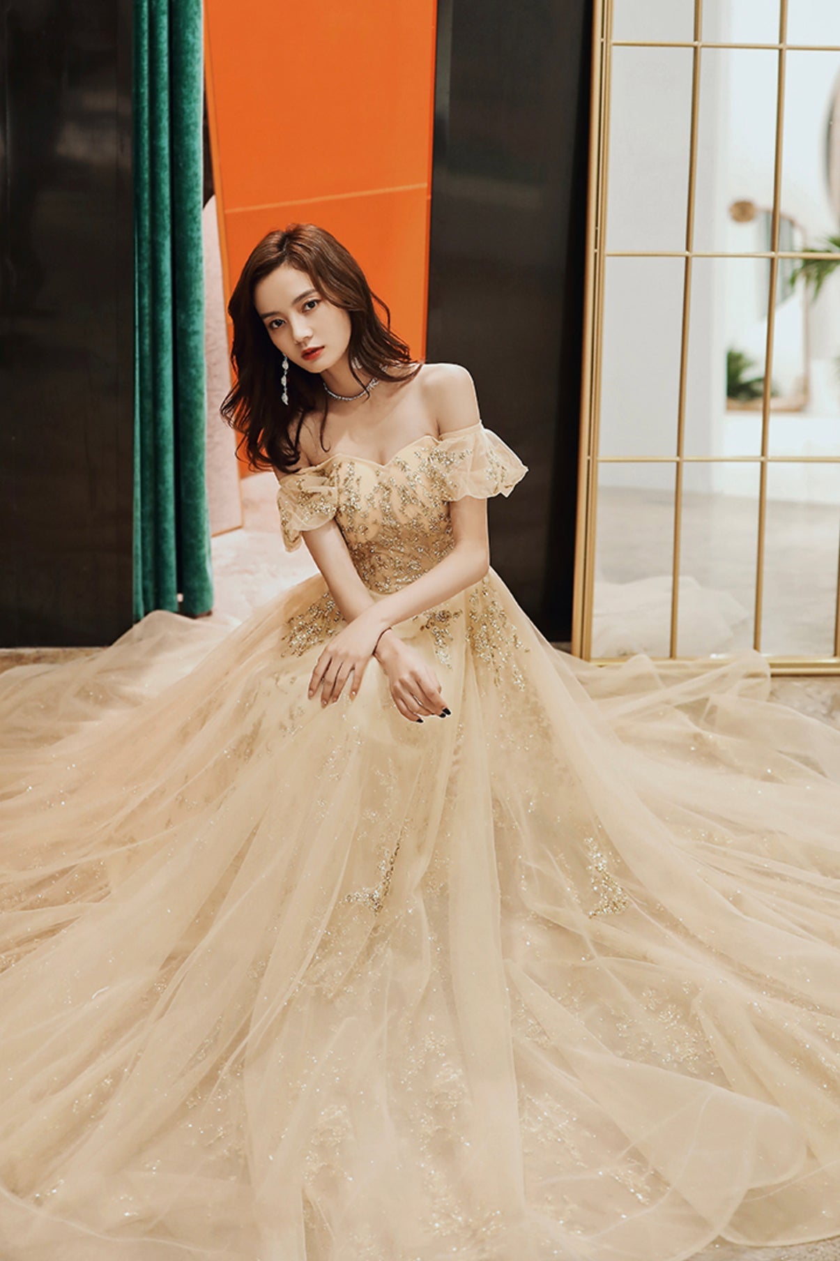 Gold tulle sequins long prom dress A line evening dress  8880