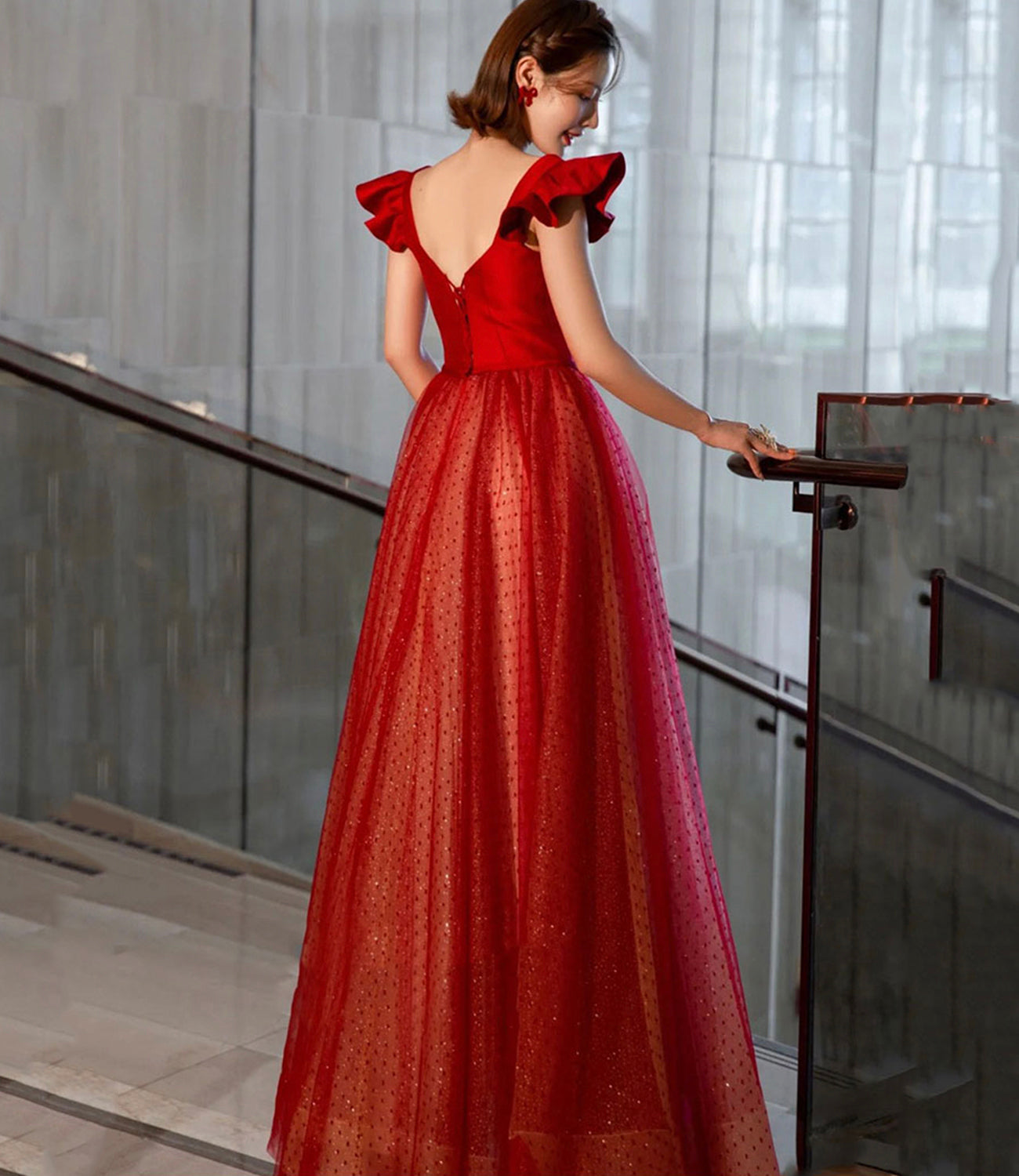 Red tulle long A line prom dress red evening dress  8852
