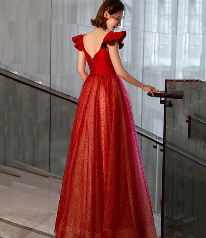 Red tulle long A line prom dress red evening dress  8852