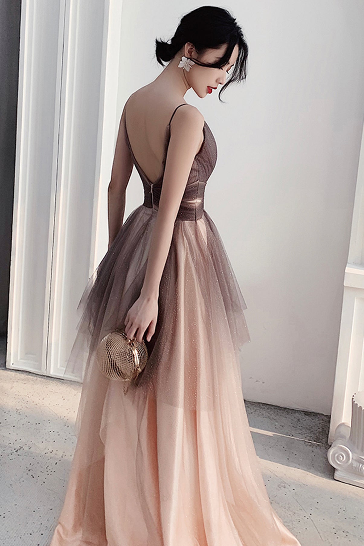 Cute tulle long A line prom dress evening dress  8858