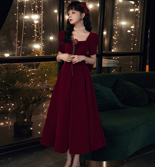 Cute velvet short prom dress with bow party dress  8479