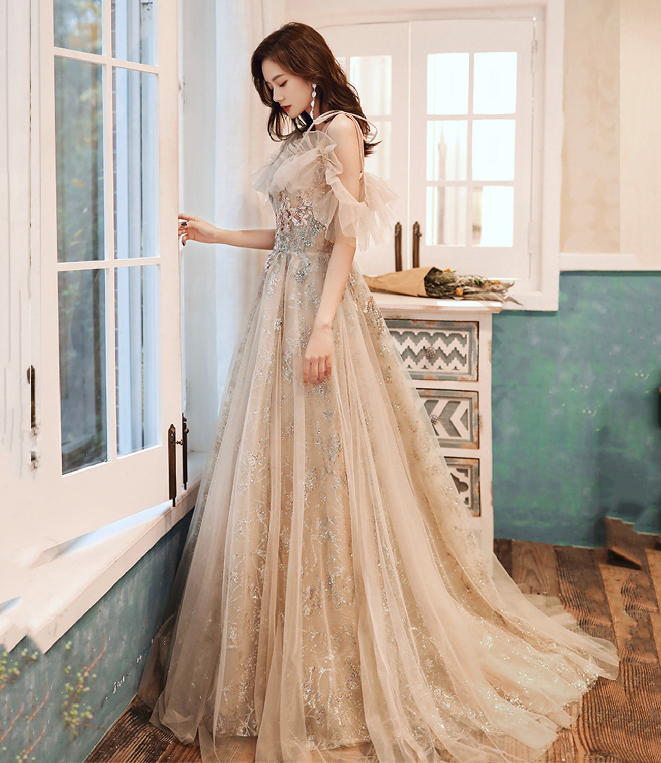 Cute tulle sequins long A line prom dress evening dress  8919