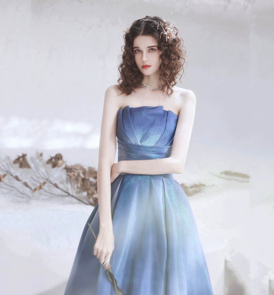 Unique satin long prom dress blue evening dress  8611
