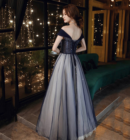 Blue tulle beads long prom dress blue evening dress  8612