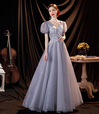 Gray tulle sequins long A line prom dress evening dress  8814