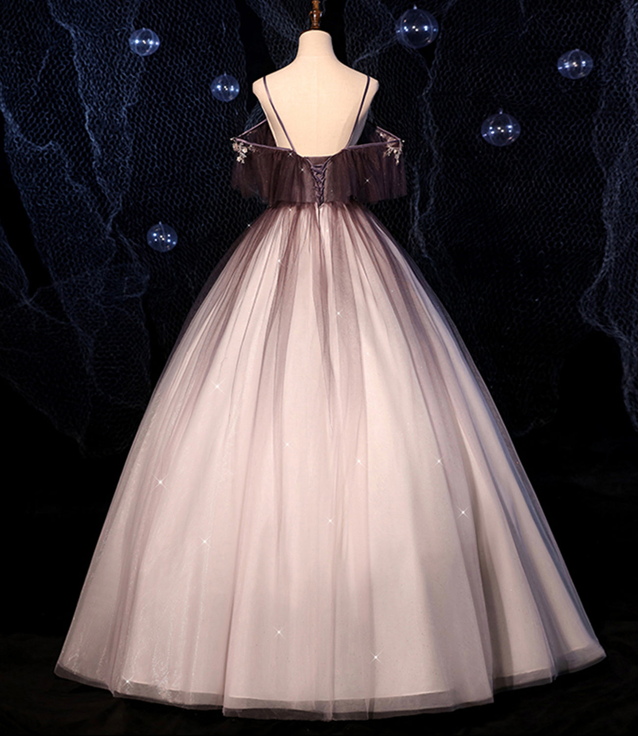 Brown Delicate Floral Applique Fashion A-Line Long Tulle Ball Gown Evening Dress 8721