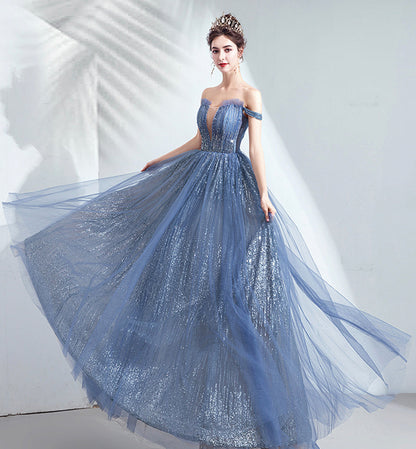 Blue tulle sequins long prom dress evening dress  8433