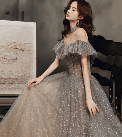 Gray tulle sequins long ball gown dress formal dress  8558