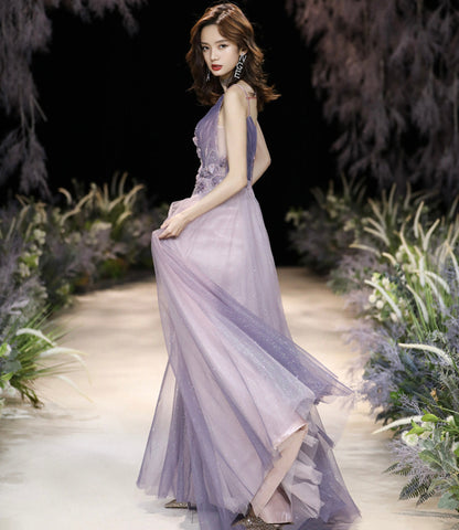Purple tulle long A line prom dress purple evening dress  8926