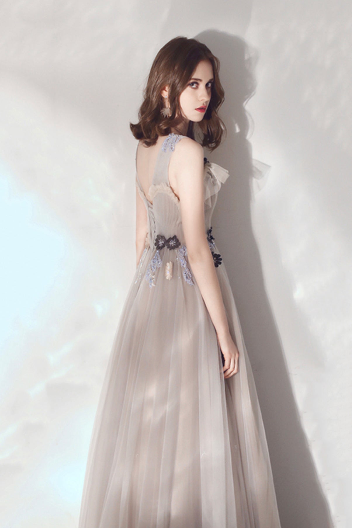 Cute v neck tulle long prom dress evening dress  8594