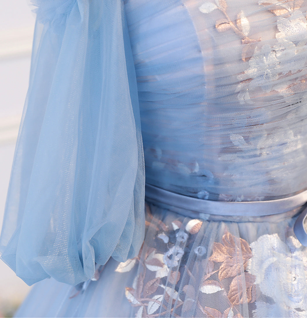 Blue tulle lace long ball gown dress formal dress  8624
