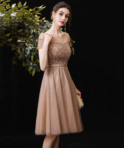 Gold tulle beads short prom dress party dress  8491