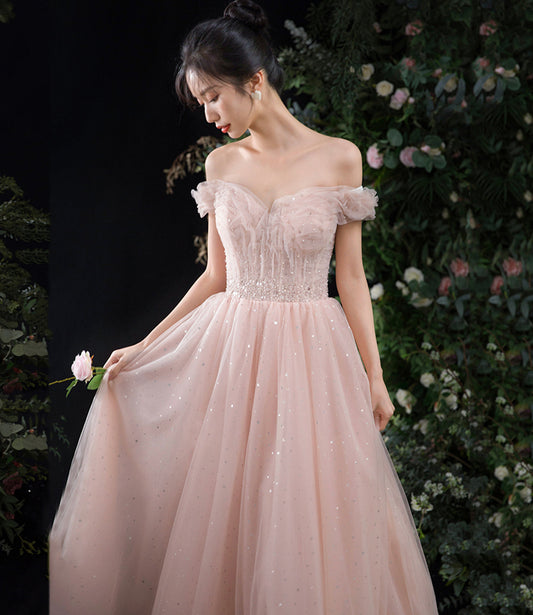 Pink tulle long A line prom dress pink evening dress  8844