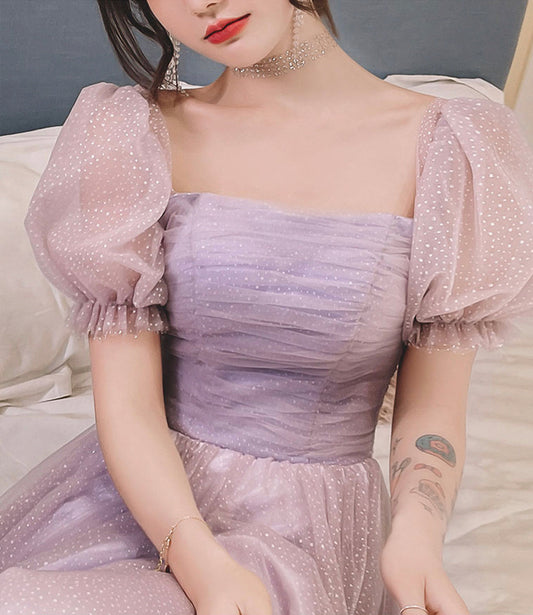Purple tulle long A line prom dress evening dress  8854