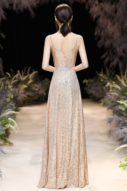 Champagne sequins long A line prom dress evening dress  8783