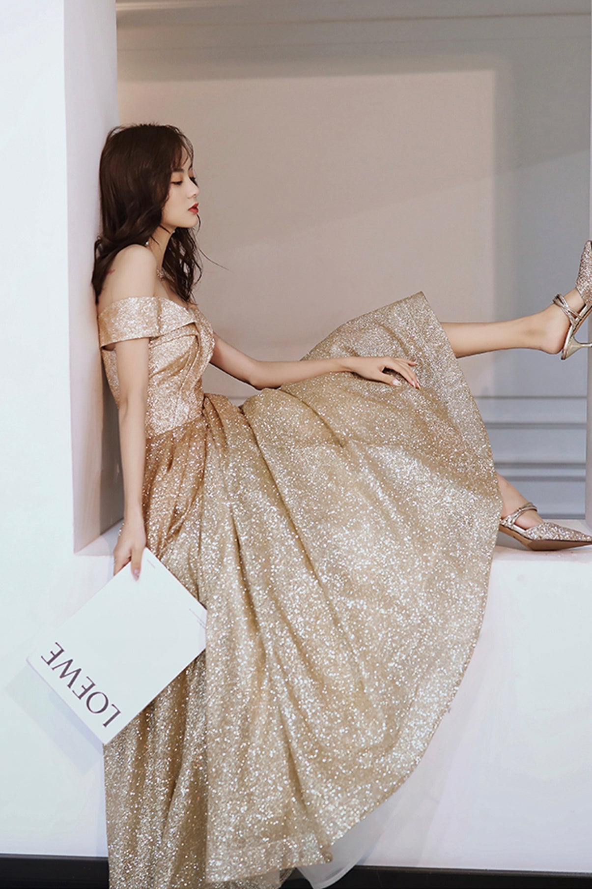 Gold sequins long A line prom dress evening dress  8573
