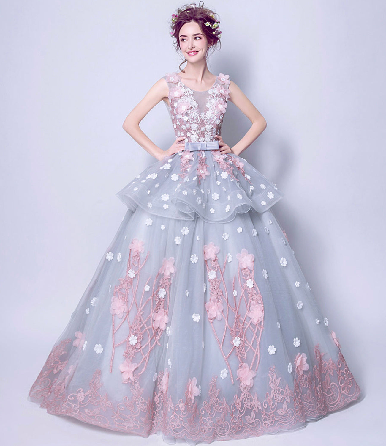 Blue tulle applique long ball gown dress formal dress  8922