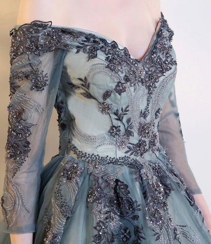Blue lace long A line prom dress evening dress  8583