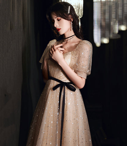 Champagne tulle long A line prom dress evening dress  8853