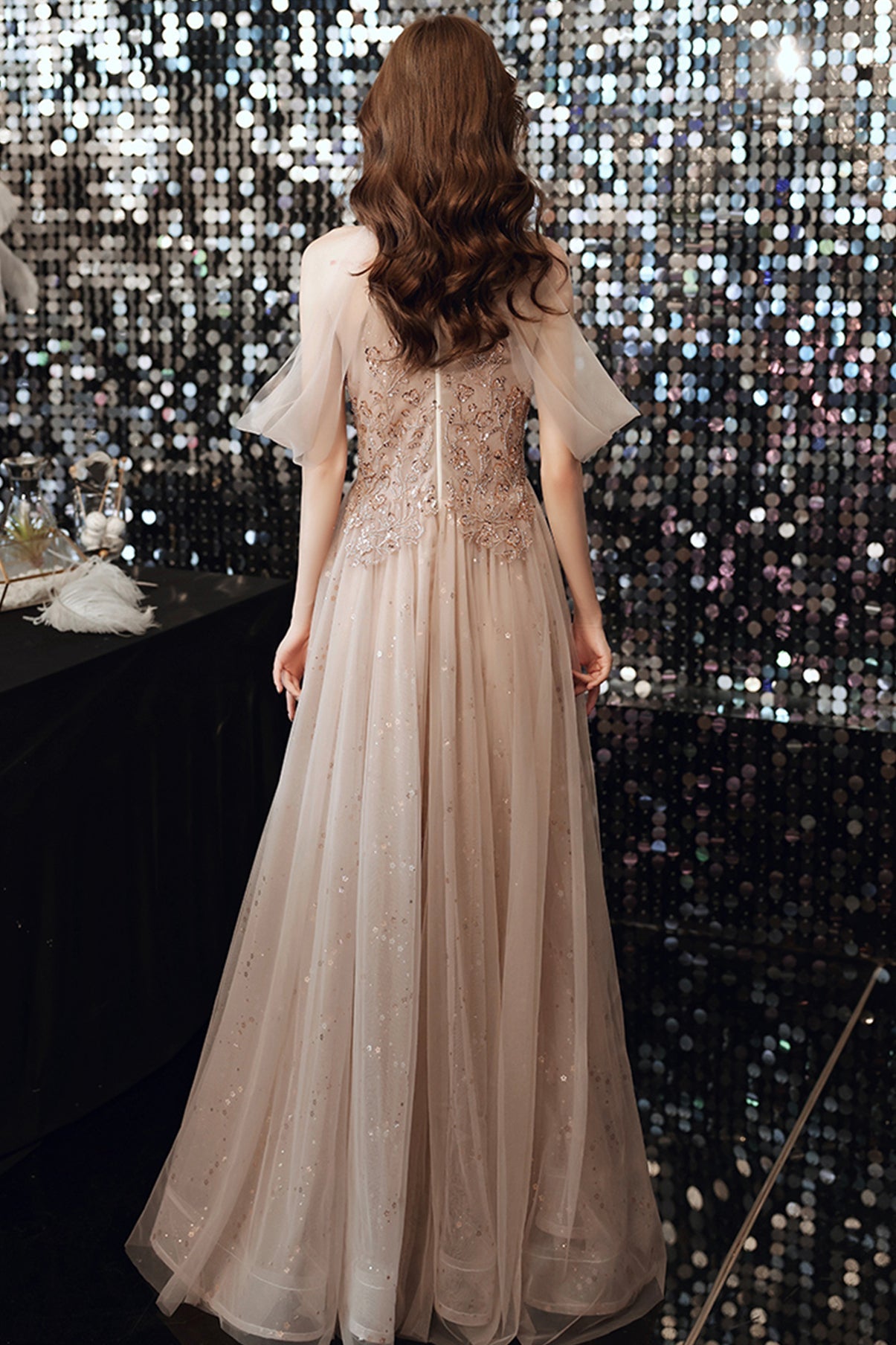 Champagne tulle sequins long A line prom dress evening dress  8683
