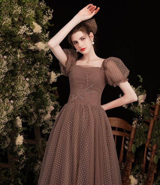 Cute tulle long A line prom dress evening dress  8801