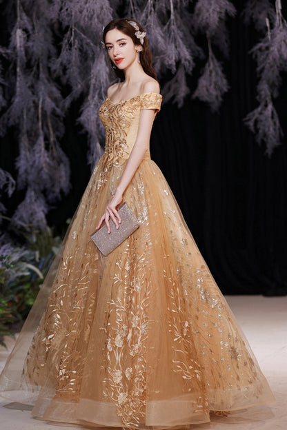 Gold tulle sequins long A line prom dress evening dress  8861