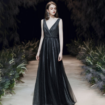 Shiny black v neck tulle long prom dress  8200