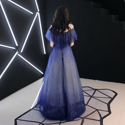 Blue tulle sequins long prom dress  8336