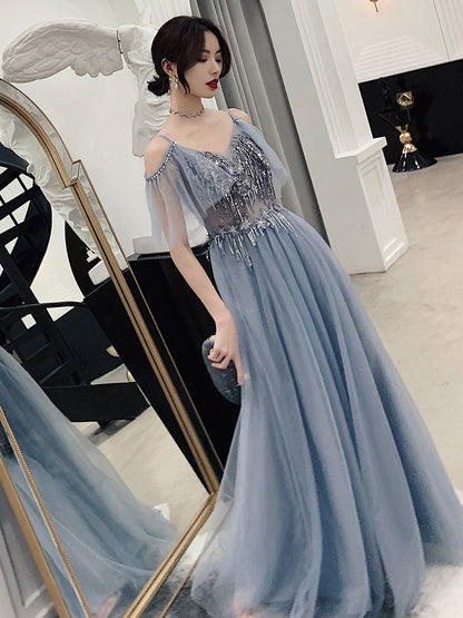 Cute v neck tulle sequins prom dress, gray evening dress  7964