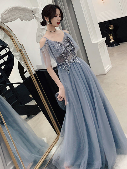 Cute v neck tulle sequins prom dress, gray evening dress  7964