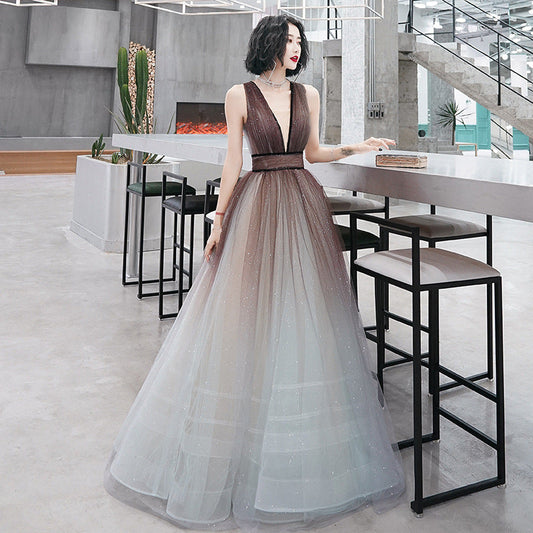 Unique v neck tulle long prom dress  8162
