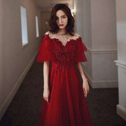 Red tulle lace long prom dress red evening dress  8231