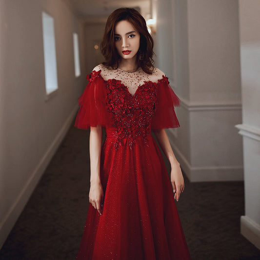 Red tulle lace long prom dress red evening dress  8231