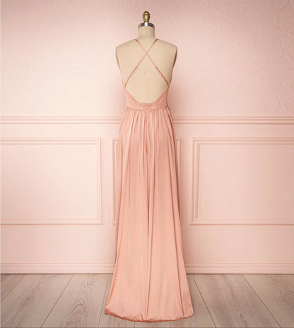 Pink v neck satin long prom dress  8176