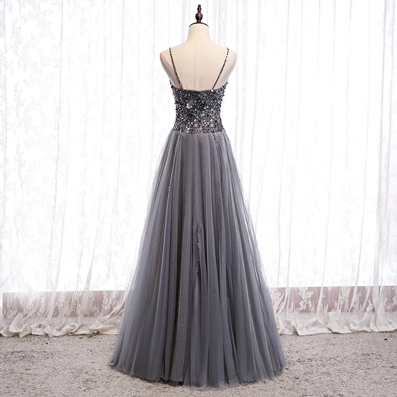 Gray tulle sequins long prom dress  8158