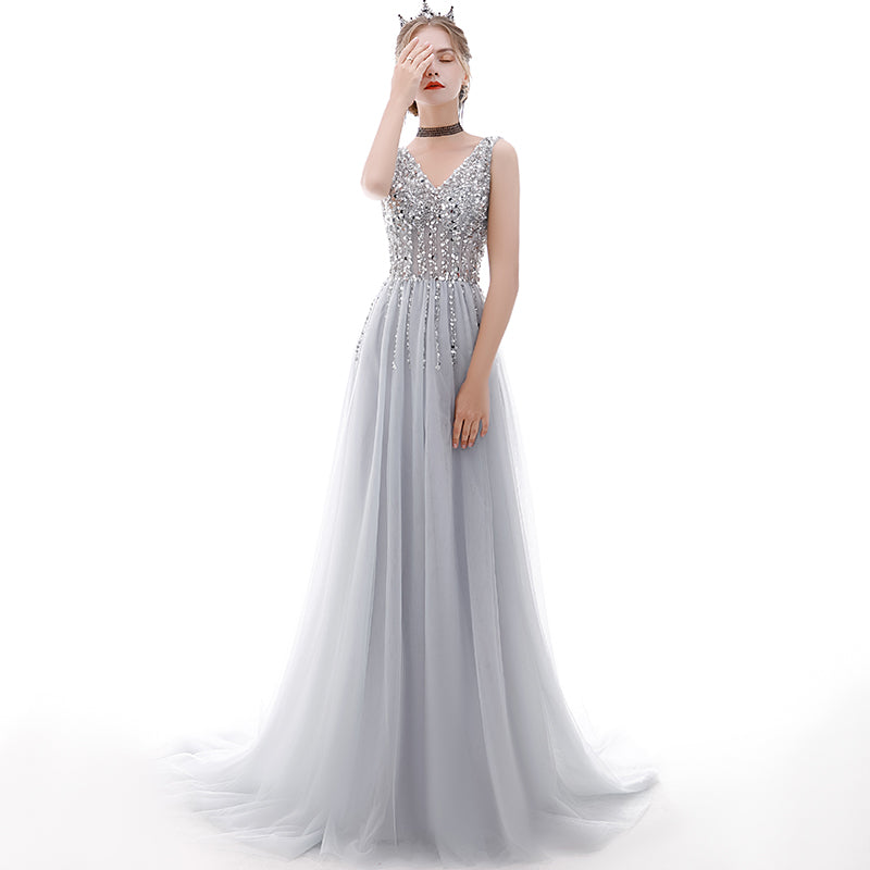 Gray v neck tulle beads long prom dress  8181