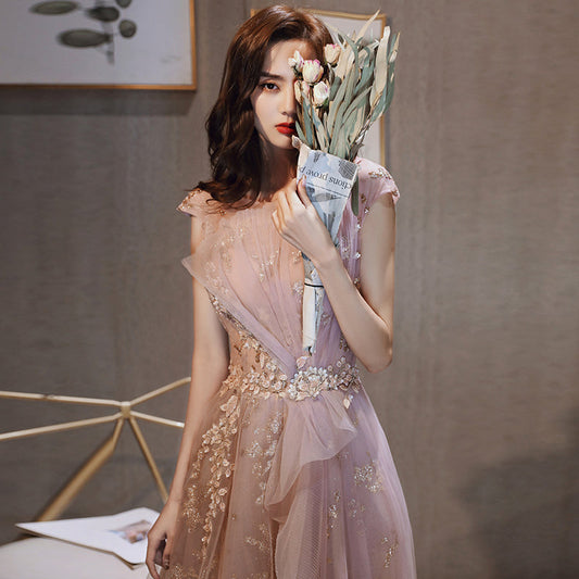 Pink tulle sequins prom dress evening dress  8238