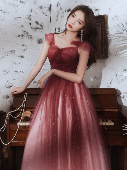 Burgundy tulle sequins long prom dress  8313