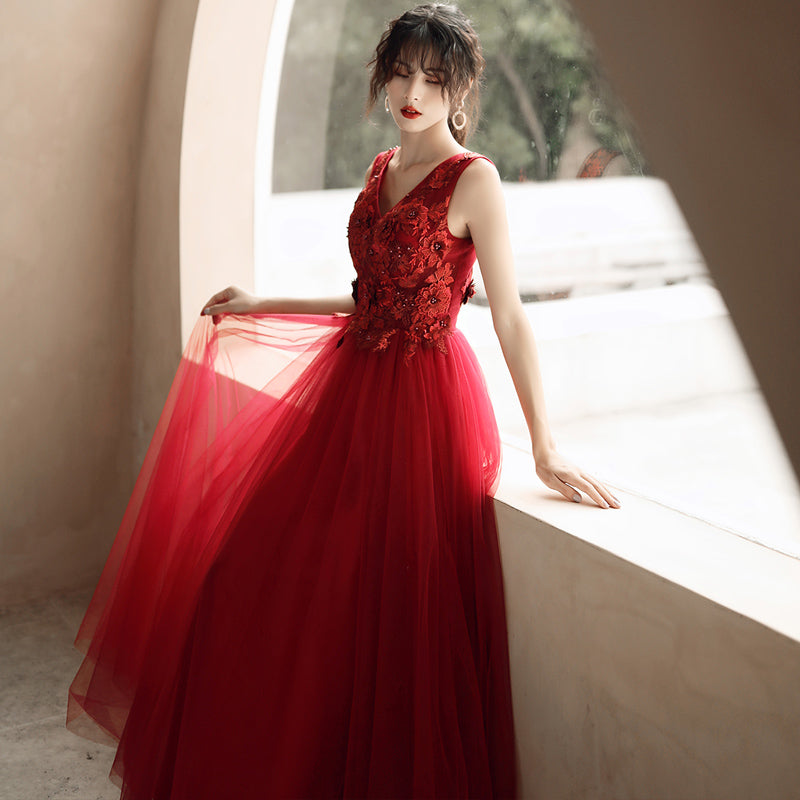 Burgundy tulle lace prom dress evening dress  8278