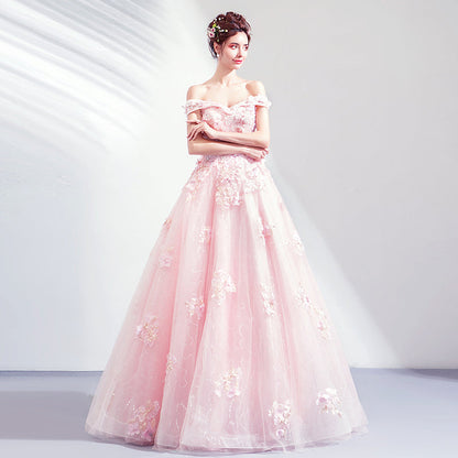 Pink tulle lace long prom gown formal dress  8259