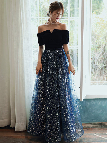 Blue tulle sequins long prom dress formal dress  8291