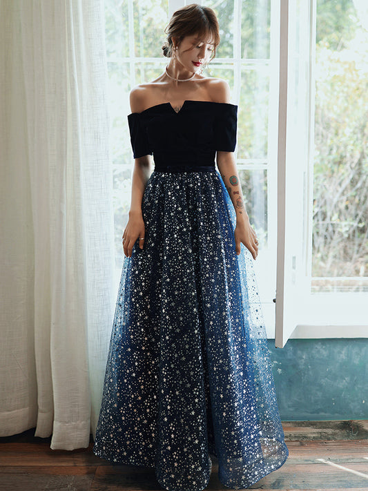 Blue tulle sequins long prom dress formal dress  8291