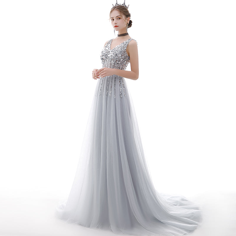 Gray v neck tulle beads long prom dress  8181