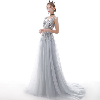 Gray v neck tulle beads long prom dress  8181